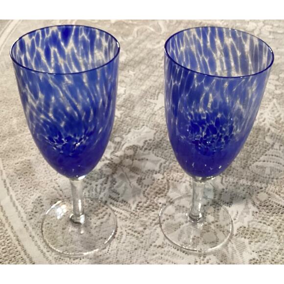 Set of 2 Degas Art Glass Wine - Water Glasses by Block Blue Swirled Blown - Picture 3 of 10